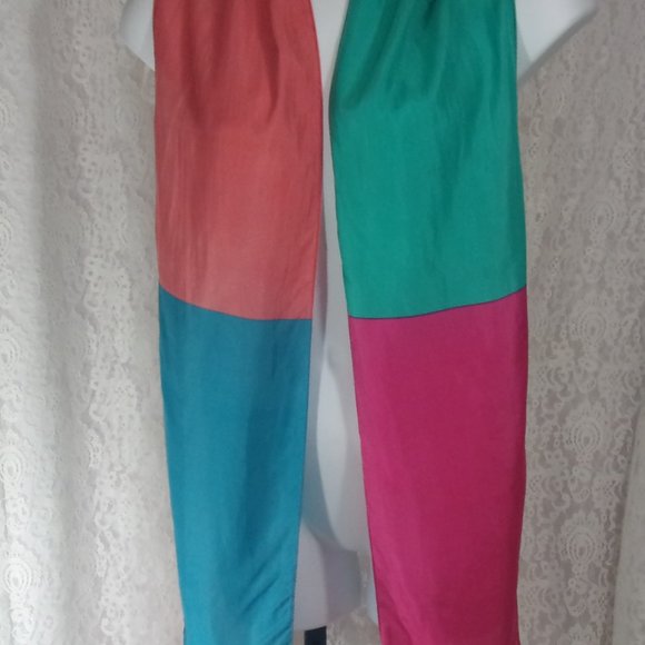 Oblong Silk Scarf Color Blocked Colors of Pink Blue Teal NWOT - Picture 2 of 3